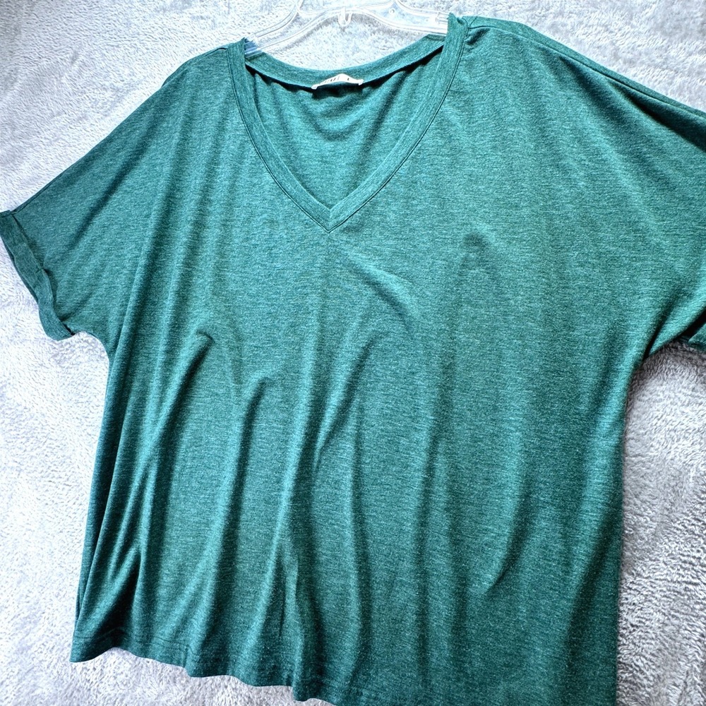 Womens Large Green Boxy Heathered V-Neck Oversized Cuffed Short Sleeve Shirt Lrg
